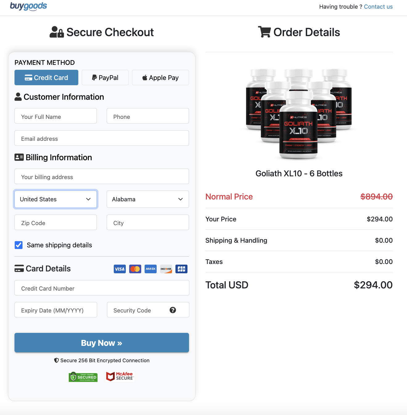 Goliath XL10 Secured Order Page